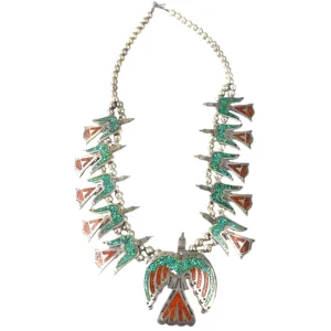 Vintage Native American Style Turquoise and Coral Inlay Silver Thunderbird Necklace