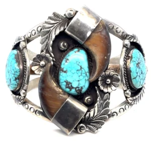 Vintage Southwestern Silver Turquoise and Claw Statement Cuff Bracelet