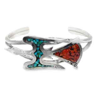 Vintage Native American Style Silver Thunderbird Inlay Cuff Bracelet with Turquoise and Coral Chips
